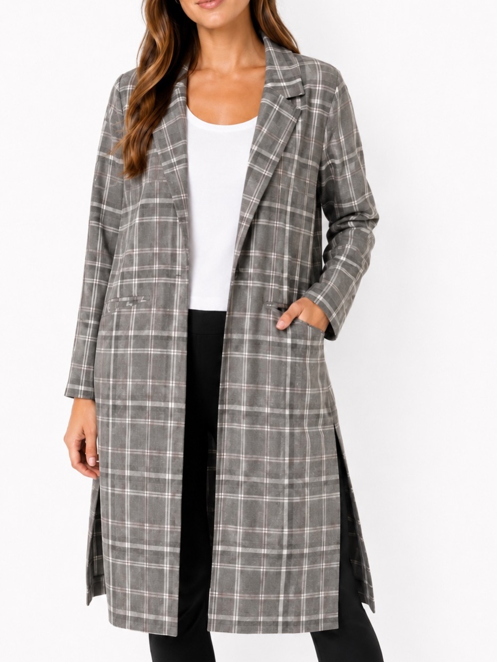 Kit and Ace Long Plaid Open / 1 Button Front Jacket Gray Size M – Like New
